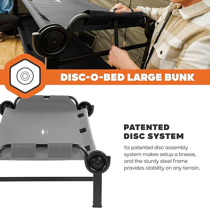 Disc-O-Bed Large Outdoor Convertible 2 Person Bench and Double Camping Cot Portable Bed Bunk System for Adults, Grey