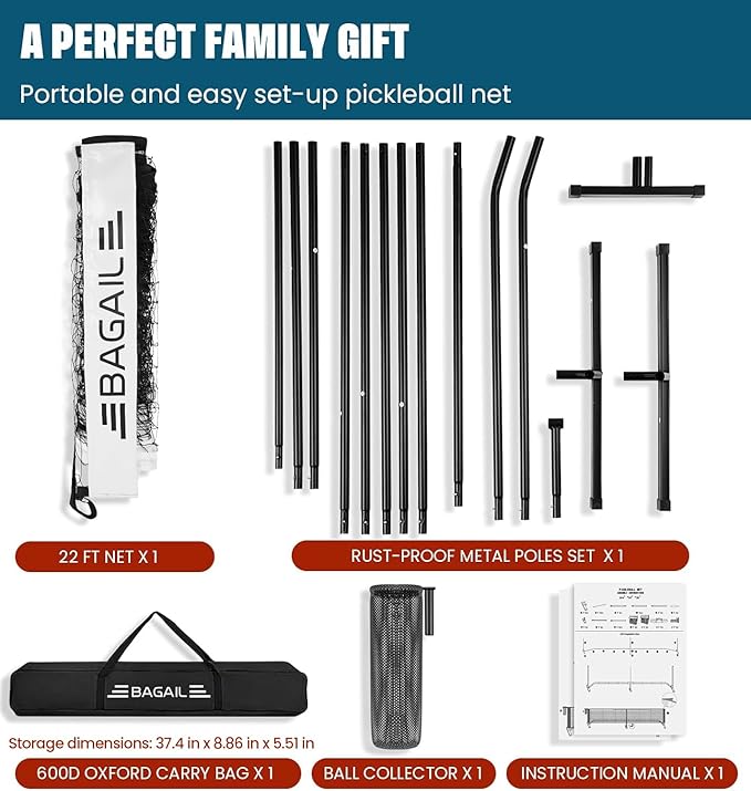 BAGAIL Portable Pickleball Net Set, 22 FT Regulation Size Pickle Ball Net with Ball Collector, 4 Balls and Carry Bag, Easy Setup for Outdoor Indoor Driveway