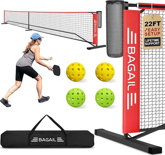 BAGAIL Portable Pickleball Net Set, 22 FT Regulation Size Pickle Ball Net with Ball Collector, 4 Balls and Carry Bag, Easy Setup for Outdoor Indoor Driveway