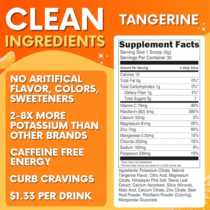 Zero Sugar - Tangerine Electrolytes Powder - Refreshing Hydration - Caffeine Free Energy with All Natural Ingredients - Vegan, Keto & Paleo - Sugar Free Electrolytes Hydration Drink Mix - 30 Servings