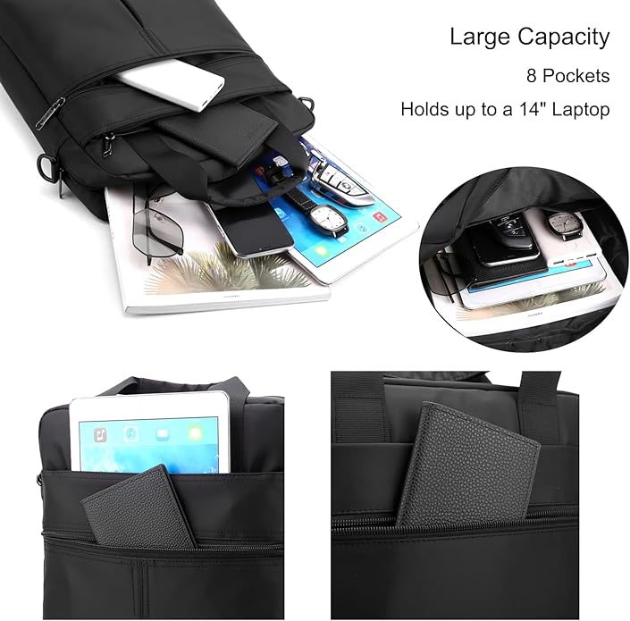 natyrlpog Men's 14-inch Laptop Shoulder Bag Nylon, Messenger Bag Business Waterproof Casual Black, Large Crossbody for Work Travel Outdoor