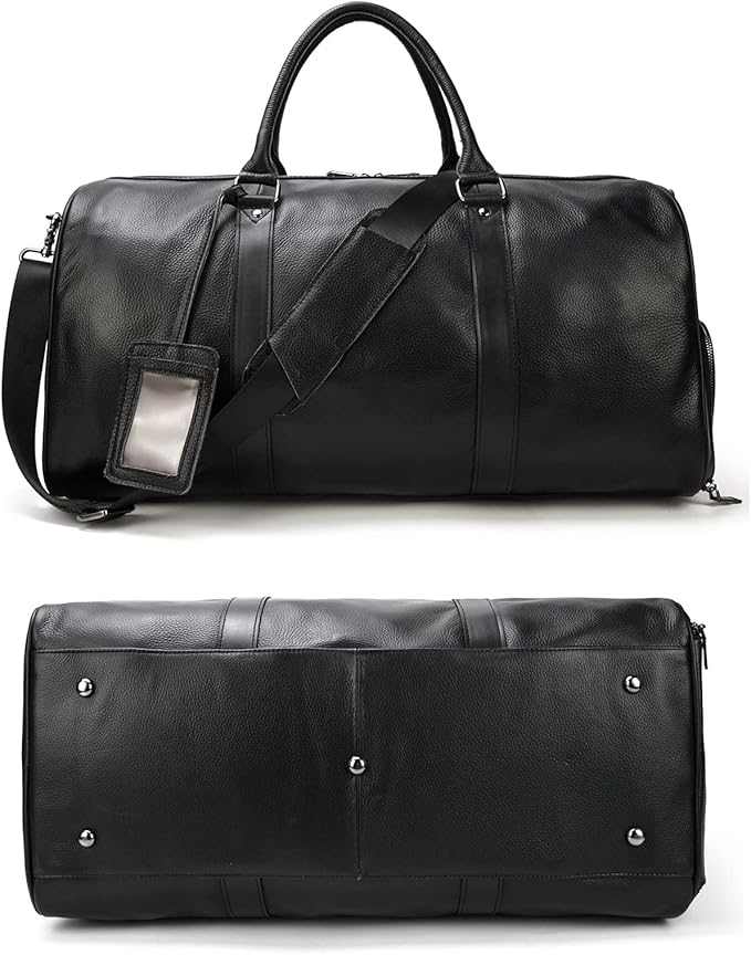Genuine Leather Travel Duffel Bags for Men and Women Leather Overnight Weekend Bags Sports Gym Duffle, 9423 Black