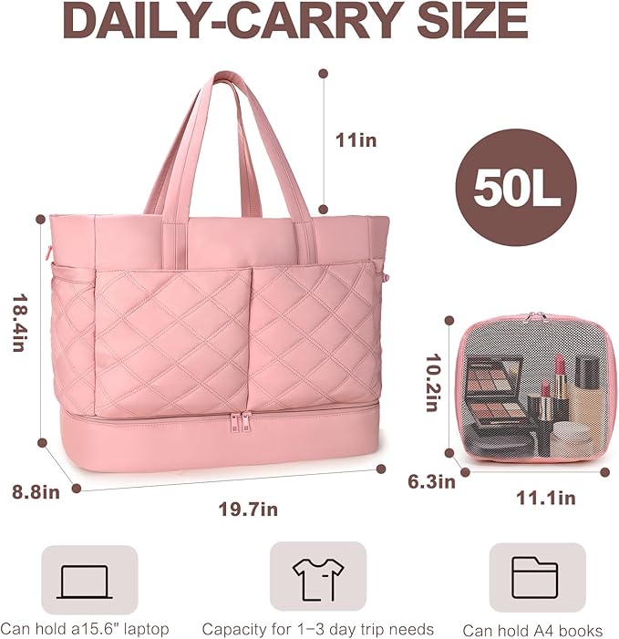 Weekender Bag for Women Men, Large Overnight Bag Faux Leather Travel Duffel Bag with Shoe Compartment Toiletry Packing Cube Carry On Bag Fit 21" Laptop 3Pcs Set (2PCS Pink)