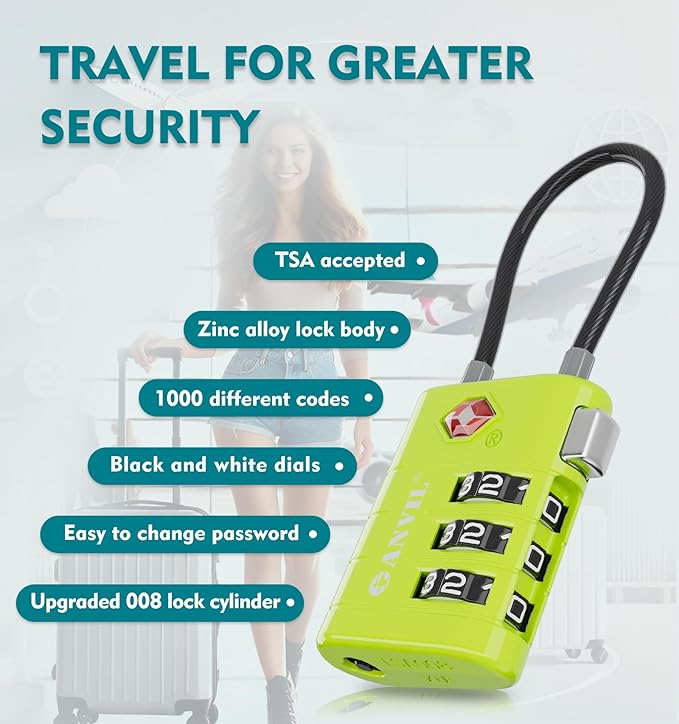 ANVIL TSA Approved Luggage Locks – High Security TSA008 Combination Travel Locks with Inspection Indicator for Suitcases and Backpacks. (3, Grass Green)