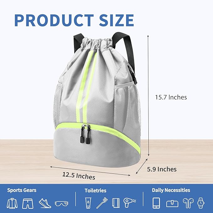Drawstring Backpack Gym Bag with Shoes Compartment for Soccer, Basketball, Swim, Water-Resistant String Backpack Beach Cinch for Women Men, Grey, Medium
