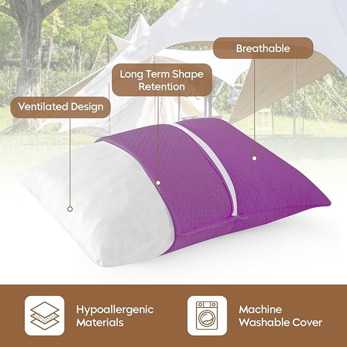 Small Shredded Memory Foam Pillow, Camping Pillow Travel Pillow - Compressible Medium Firm, Breathable Cover, Ideal Backpacking Hiking, Airplane and Car (Purple, L)
