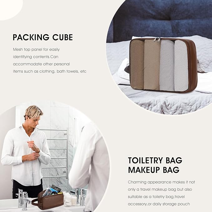 Wogarl 3PCS Faux Leather Weekender Bag for Women Men Large Overnight Travel Duffel Bags with Shoe Compartment Toiletry Packing Cube Carry On Duffle Fit 21" Laptop(Coffee)