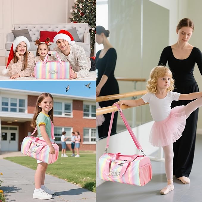 Ballet Dance Bag for Girls Shiny Rainbow Glitter Sports Duffle Bags for Girls Weekender Travel Bag with Waterproof Dry Wet Separated Compartment