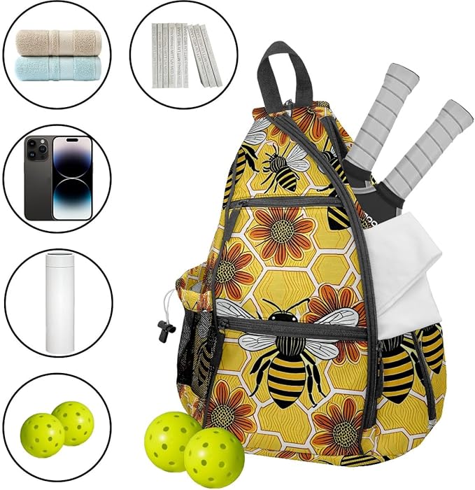 Pickleball Bag Bee Floral Yellow Pickle Ball Backpack for Women Men Premium Lightweight Crossbody Sling Bag Sports Backpack for Pickleball Paddle Tennis