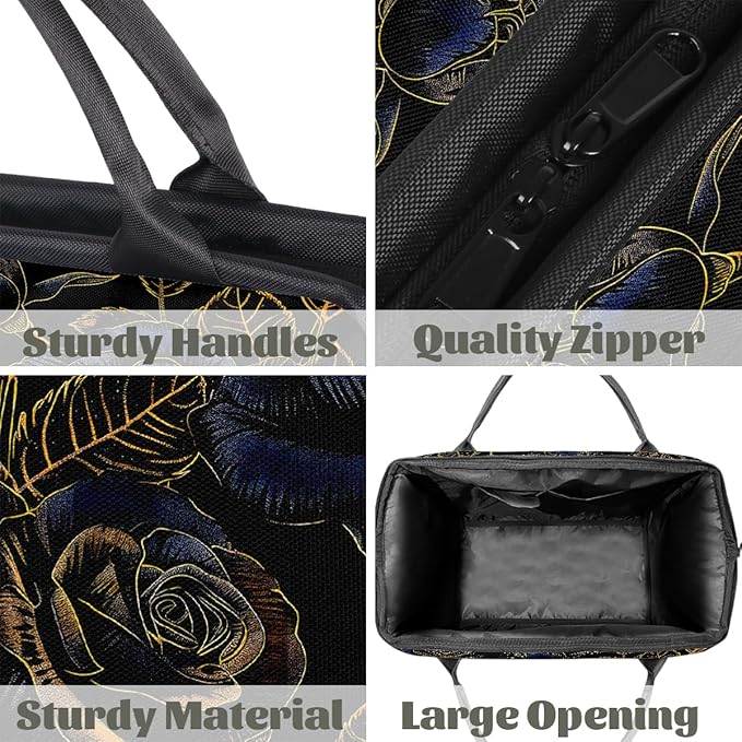 Flower Gold Blue Rose Travel Duffle Bag, Overnight Weekender Tote Bag for Women Men Waterproof Carry On Luggage with Zipper Lightweight Sport Gym Bag for Traveling Yoga Camping Traveling Gifts