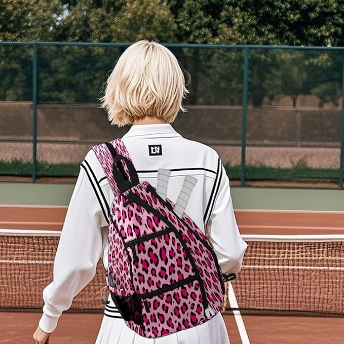 Brown Leopard Print Premium Nylon Pickleball Backpack, 3-in-1 Convertible Shoulder Crossbody Sling Bag for Women Men, Lightweight Bag Fits 2-4 Pickleball Paddles & Tennis Sports Gear