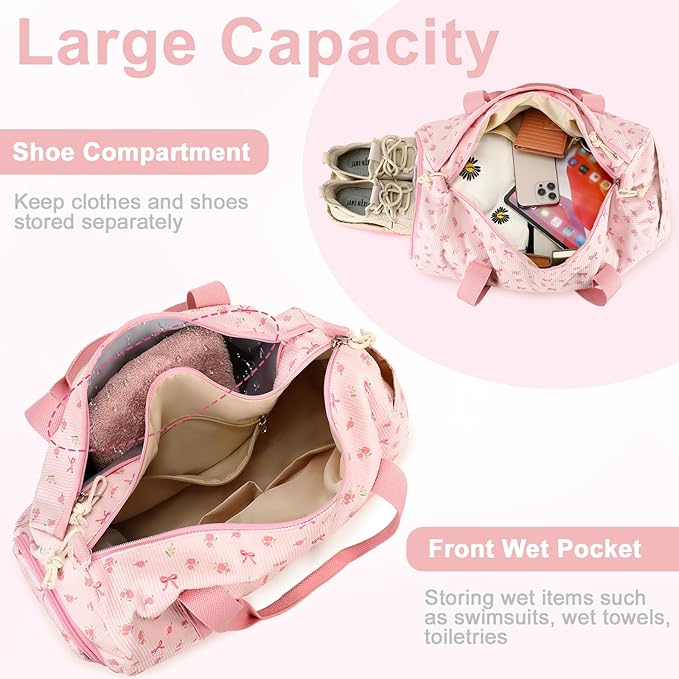 BTOOP Duffle Bag for Gym Sports Women Girls Workout Travel Bag Weekender with Shoe Compartment and Wet Pocket