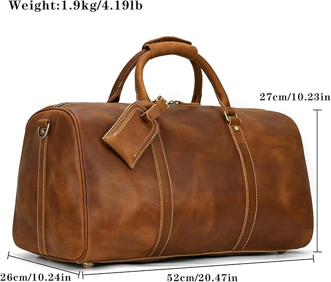 Leather Duffel Bags for Men and Women, 20 Inch Full Grain Leather Travel Overnight Weekend Duffel, 9804 Light Brown