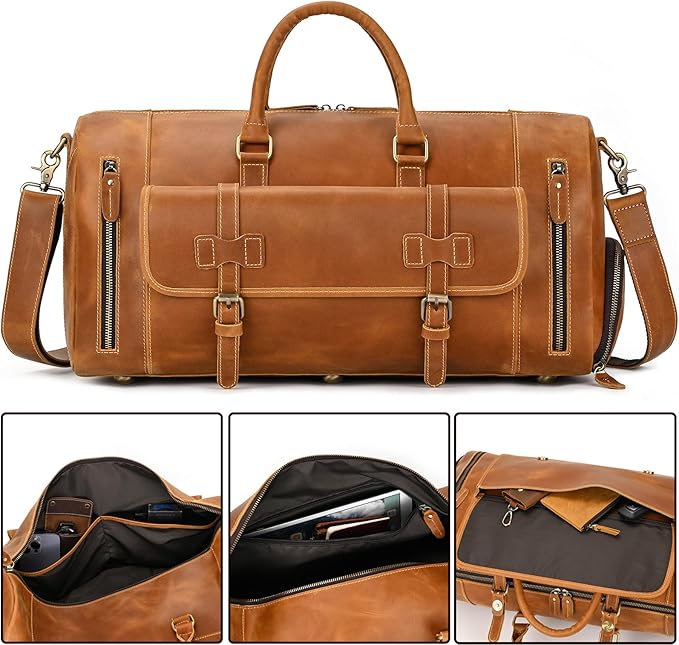 Leather Duffel Bag 20 Inch Full Grain Leather Travel Overnight Weekend Bag for Men and Women, 9802 Light Brown