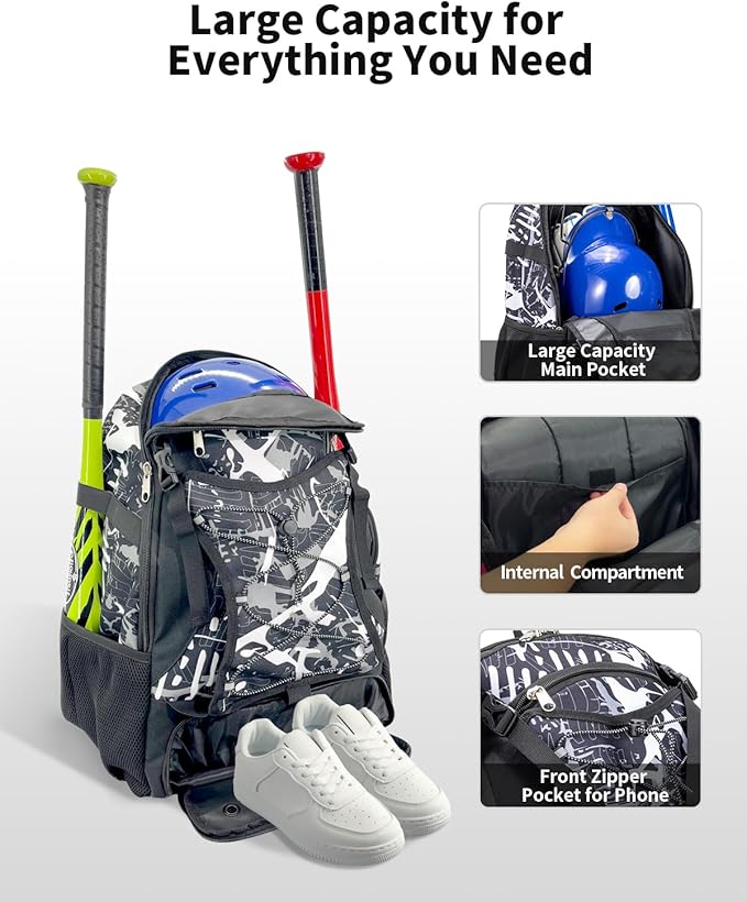 Youth Baseball Bag, Softball Bat Bag for Girls Boys & Adults, Kids Tball Backpack with Shoes Compartment, Large Capacity Equipment Backpack