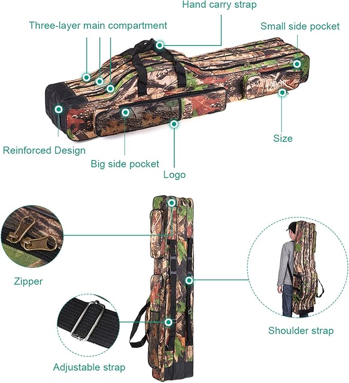 3 Layers Fishing Pole Bag,Portable 3 Layers Oxford Folding Rod Carry Case,Fishing Reel Tackle Storage Bag Case