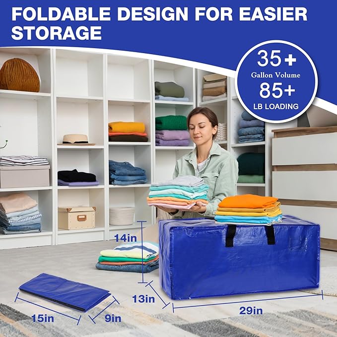 10 Pack Moving Bags Heavy Duty Extra Large Storage Bags with Zippers, Handles, Backpack Straps Packing Bag for Moving College Dorm Room Essentials, Camping, Travel, Clothes 93 L 25 Gallons(Blue)