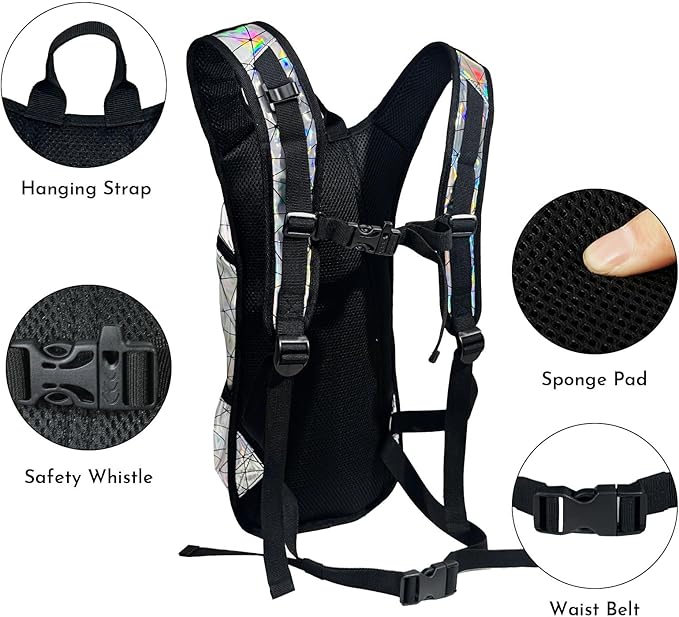 Zavothy Rave Hydration Backpack with 3L Bladder, Colorful Festival Hydration Pack with Side Pockets, Lightweight Water Backpack for EDM, Music Festivals, Hiking & Cycling