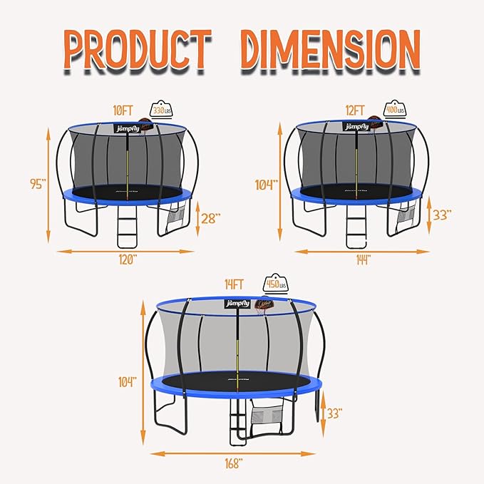 jumpfly Tranpoline 8/10/12/14/15/16FT Tranpoline Outdoor for Kids and Adults Recreational Tranpolines with Basketball Hoop, Anti-Rust Ladder, ASTM Approved