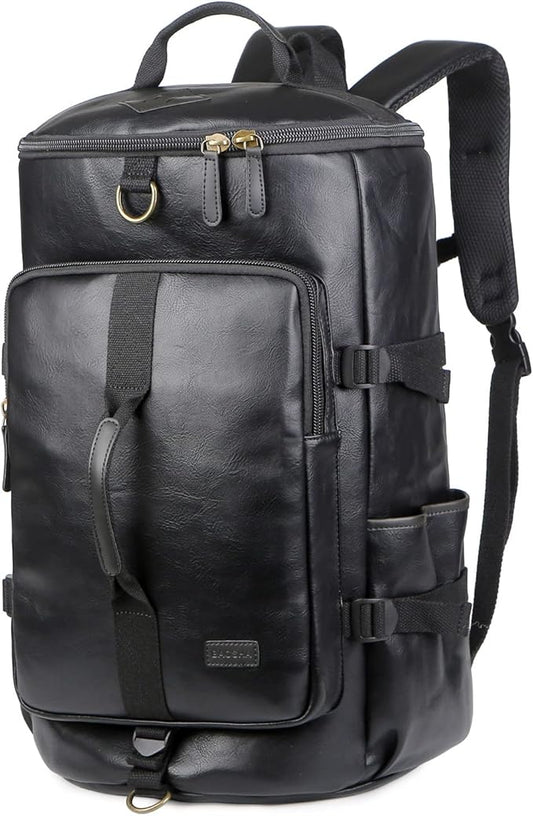 Baosha Stylish Vegan Leather Men Weekender Travel Duffel Tote Bag Backpack Hybrid Travel Hiking Rucksack Overnight Bag Convertible HB-26 (Black)