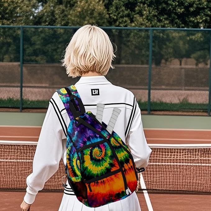 Pickleball Bag Colorful Tie Dye Pickle Ball Backpack for Men Women Premium Lightweight Reversible Crossbody Sling Bag Sports Backpack for Pickleball Paddle