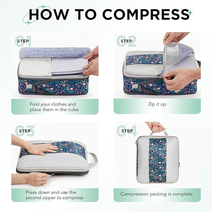 6 Set Compression Packing Cubes for Travel Essentials,Compressible Expandable Packing Cubes for Suitcase,OlarHike Luggage Organizer Bags for Travel(Dark Blue Floral)