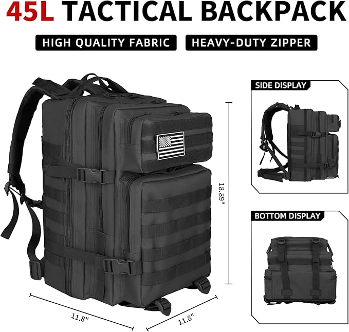45L Tactical Backpack For Men Highland Assault Large Army Pack 3 Day Molle Bug Out Bag With Water Cup Bag Outdoor Camping Hiking Daypack Military Rucksack Black