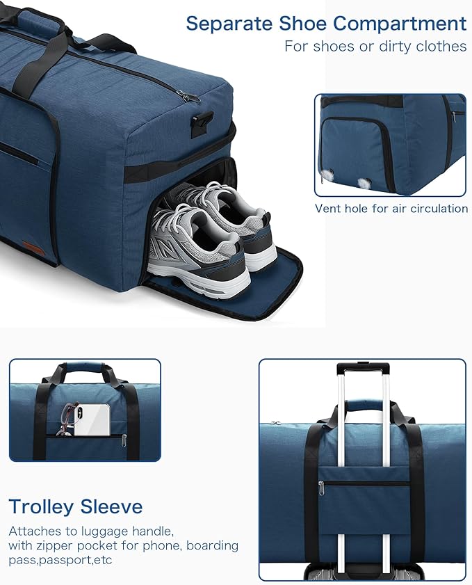 100L Travel Duffle Bag for Men, Urtala 32” Large Duffle Bag for Traveling with Shoe Compartment, Foldable Travel Duffel Bag for Men Women Waterproof & Tear Resistant (Dark Blue, EXTRA LARGE, 100L)