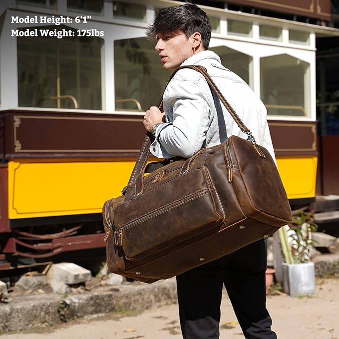 Polare 23" Full Grain Cowhide Leather Gym Duffle Weekender Overnight Travel Duffel Bag For Men
