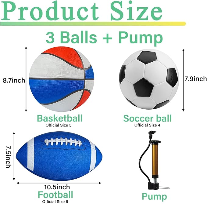 3-Piece Sports Balls Set, Includes Size 5 Basketball, Size 4 Soccer Ball, Size 6 Football & Pump, Sports Equipment Perfect Sports Gift for for Boys, Girls, Teens, and Adults
