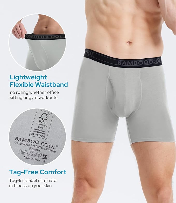 BAMBOO COOL Men's Underwear Breathable Boxer Briefs with Fly Moisture-Wicking Lightweight Underwear 7-Pack