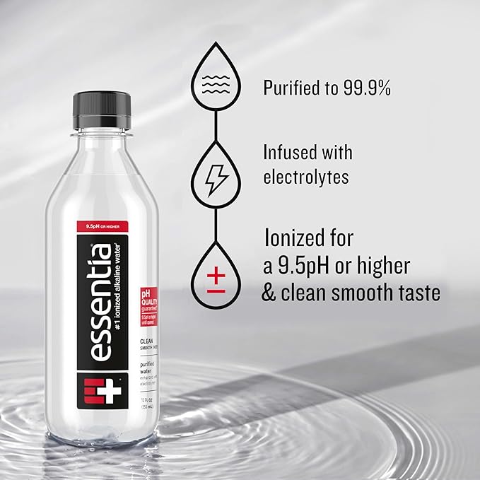 Essentia Water LLC; Ionized Alkaline Bottled Water; 99.9% Pure; 9.5 pH or Higher; Consistent Quality in Every BPA and Phthalate-Free Bottle; 12 Fl Oz (Pack of 12)
