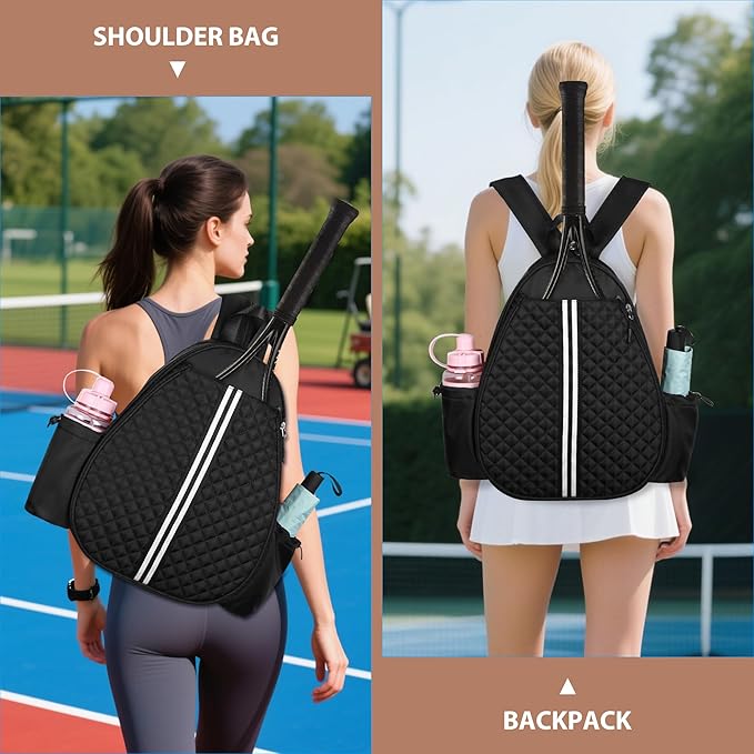 Tennis Racket Bag, Tennis Bags for Women, Quilted Sling Crossbody Backpack with Hook, Water Resistant Tennis Racket Cover for Pickleball, Racketball