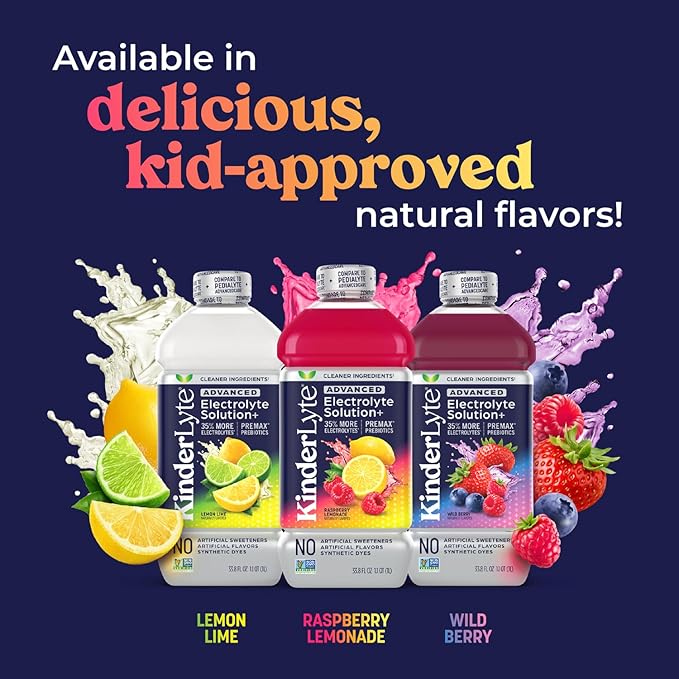 KinderLyte Advanced Electrolyte Solution for Kids and Adults - Hydration Drink (Lemon Lime, 6 Count), With PreMax Prebiotics, No Artificial Sweeteners or Flavors, No Synthetic Dyes