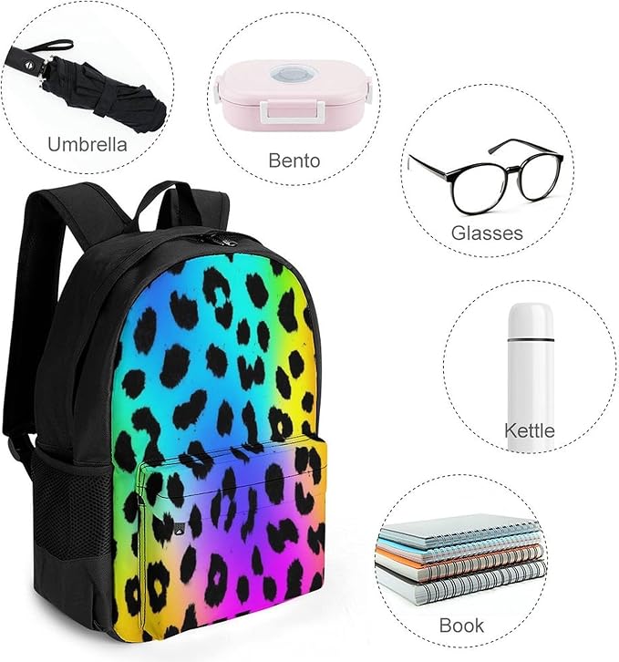 Adult Large Capacity Rainbow Colorful Cheetah Leopard Print Bags, Laptop Backpack Easy to Carry, Lightweight Bag for College Travel Work Outdoor Sports