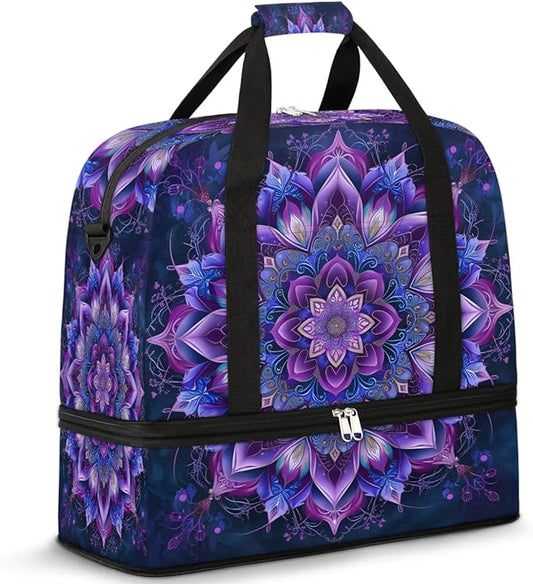 Travel Duffle Bags With Shoes Compartment for Women Men Purple Mandala Lightweigh Sports Tote Gym Bag Boho Flower Foldable Canvas Weekender Overnight Carry On Luggage Handle Bag