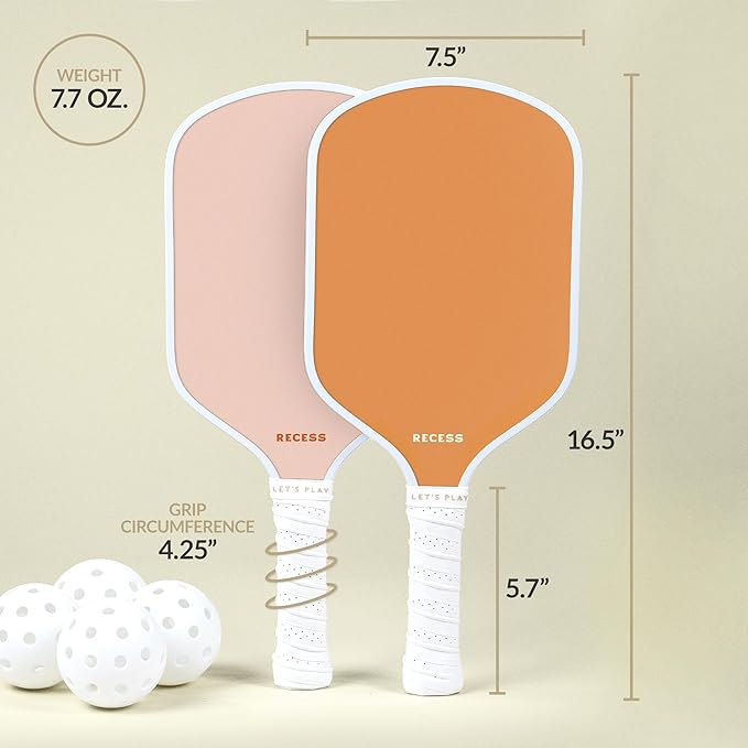 Recess Pickleball Starter Set of Premium Pickleball Paddles and Four (4) Pickle Balls - Lightweight, Honeycomb Core & Comfort Grip Handles - Perfect for Beginners
