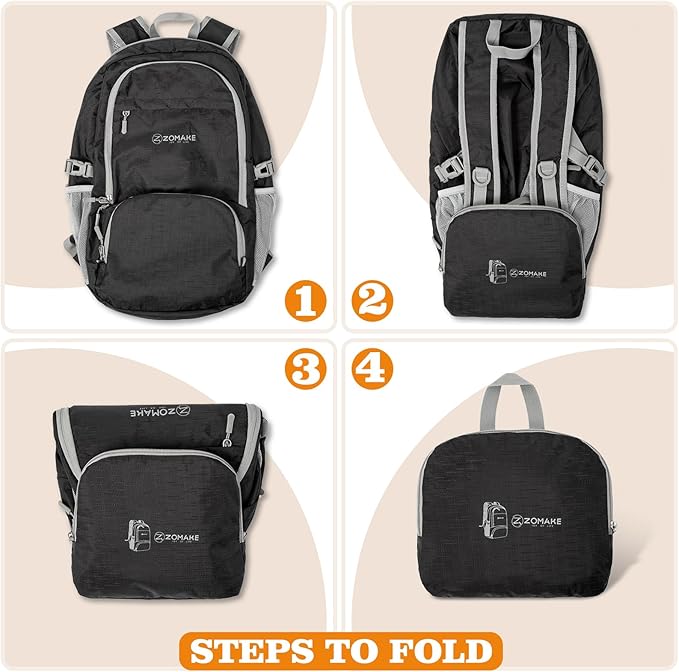 ZOMAKE Lightweight Packable Backpack 30L, Foldable Hiking Backpacks Water Resistant Compact Folding Daypack for Travel(Pure Black)