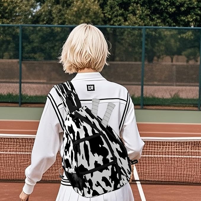 Pickleball Bag Cow Print Pickle Ball Backpack for Women Men Premium Lightweight Crossbody Sling Bag Sports Backpack for Pickleball Paddle Tennis