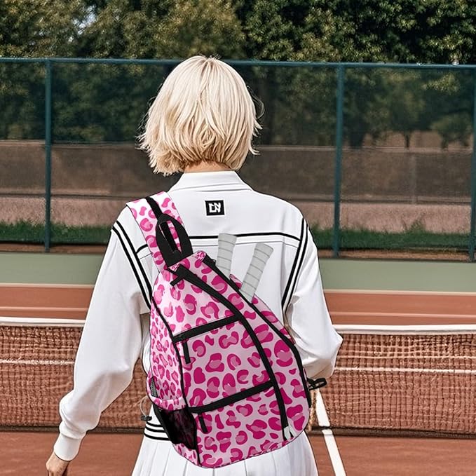 Pickleball Bag Pink Leopard Print Pickle Ball Backpack for Women Men Premium Lightweight Crossbody Sling Bag Sports Backpack for Pickleball Paddle Tennis