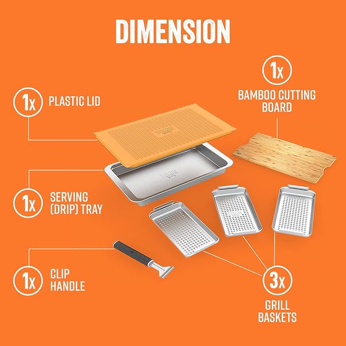 Yukon Glory™ BBQ 'N SERVE Premium Set, Includes 3 Grill Baskets, Serving Tray, Bamboo Cutting Board, Plastic Lid and Clip-on Handle