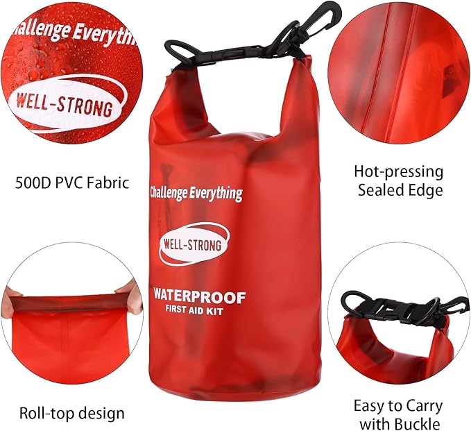 Dual Waterproof Boat First Aid Kit, Emergency Marine Kit with Buckles, Compact Boat Safety Accessories for Fishing Kayaking Boating Swimming Camping Rafting Beach Transparent Red