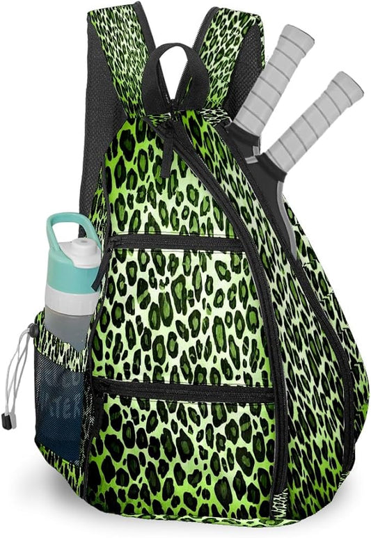 Brown Leopard Print Premium Nylon Pickleball Backpack, 3-in-1 Convertible Shoulder Crossbody Sling Bag for Women Men, Lightweight Bag Fits 2-4 Pickleball Paddles & Tennis Sports Gear