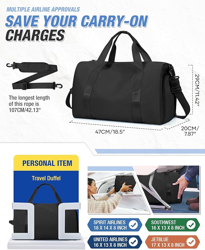 Gym Duffle Bag for Women Carry on Luggage Travel Essentials Airline Approved Personal Item 18x14x8 Inches Lightweight Weekender Sports Travel Duffel Bag with Shoe Compartment Wet Pocket Men Black