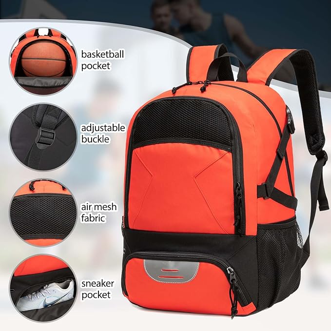 Basketball Backpack - Large Sports Equipment Bag with Ball Holder & Shoe Compartment for Basketball. (red)