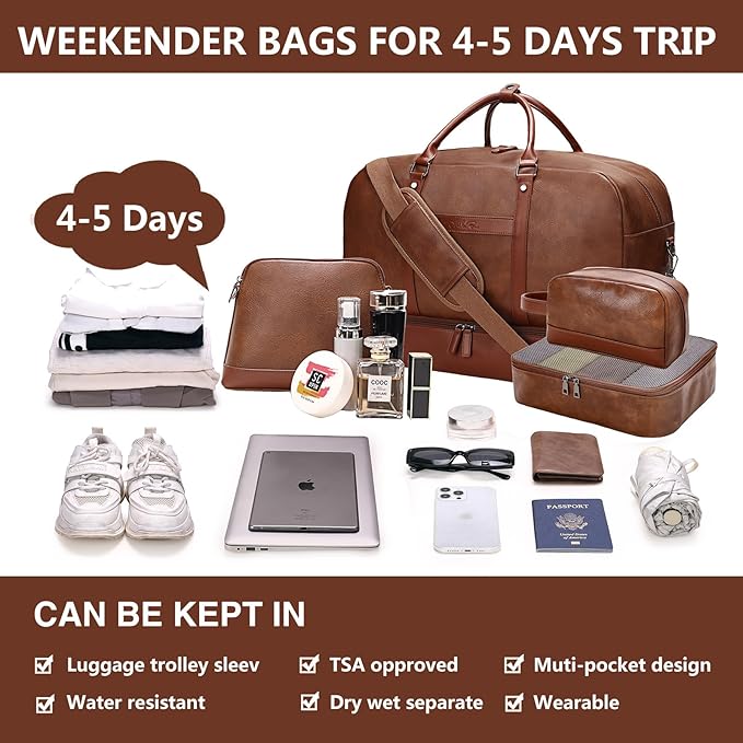 Weekender Bag for Women Men, Large Overnight Bag Faux Leather Travel Duffel Bag with Shoe Compartment Toiletry Packing Cube Carry On Bag Fit 21" Laptop 3Pcs Set (4PCS Brown)