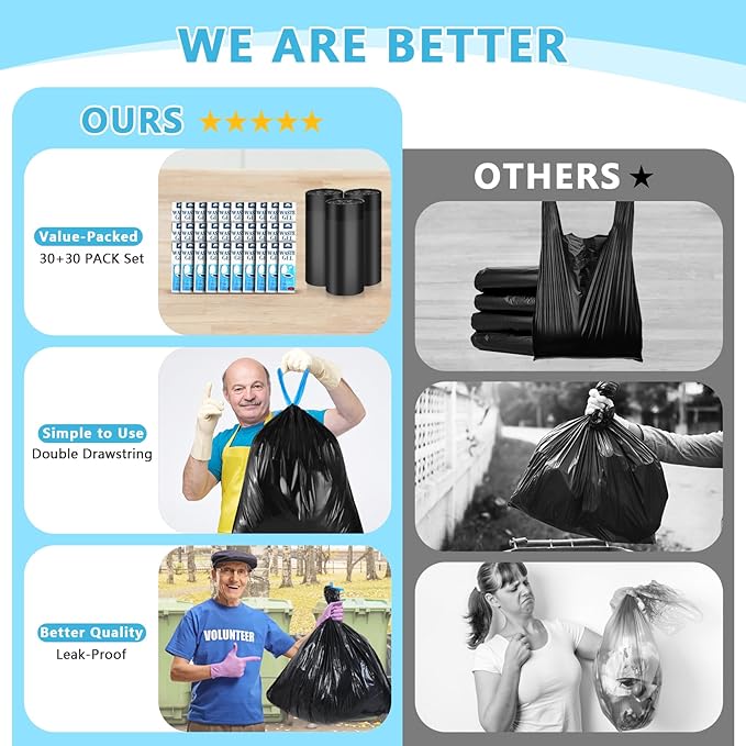 Portable Toilet Bags Poo Waste Gel Set, 30 Count 10 Gal Camping Toilet bags with drawstring and 30 Pack 0.53 Oz each Pee Powder for Portable Camping Toilet fit for Traveling, Outdoor Activities