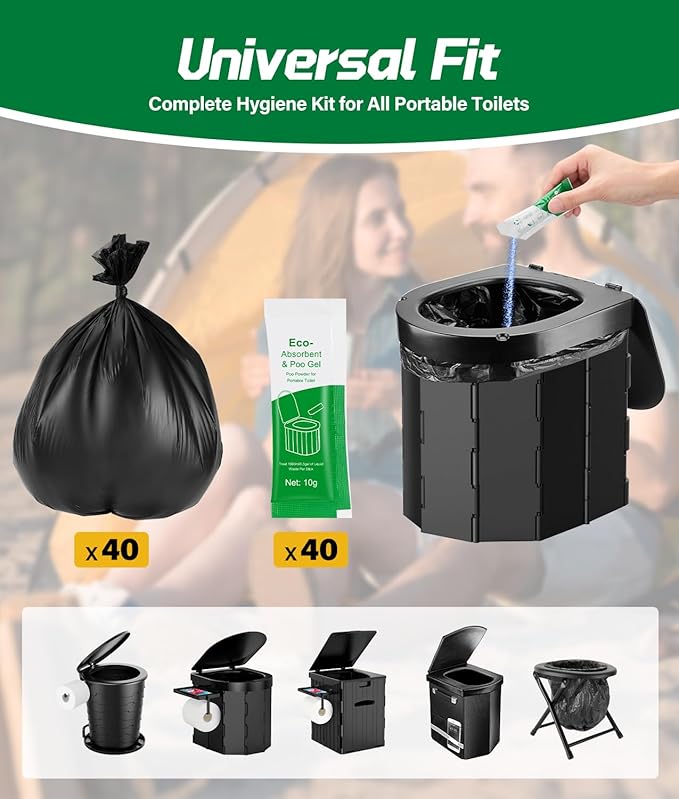 40 PACK Portable Toilet Bags Poo Gel Set, 12 Gallon Camping Toilet Bag with Eco Super Absorbent Power, Emergency Poo Gel Bags for Camping, Hiking, RV Trips, Car Travel, Extra Large Universal Fit
