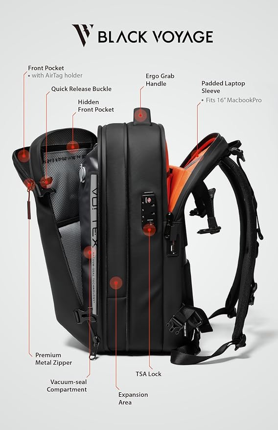 BlackVoyage Vortex Vacuum Seal Travel Backpack 60L Expandable Air Compression System Water Resistant TSA Lock Carry-On Suitcase Luggage Black Zephyr - Vacuum Pump Included