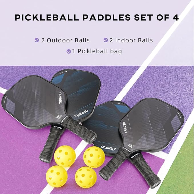 Graphite Pickleball Paddles Set- Premium Rackets Fiber Face & Polymer Honeycomb Core Pickleball Set Includes Pickleball Paddles + Pickleball Balls+ Replacement Soft Grip + 1 Bag
